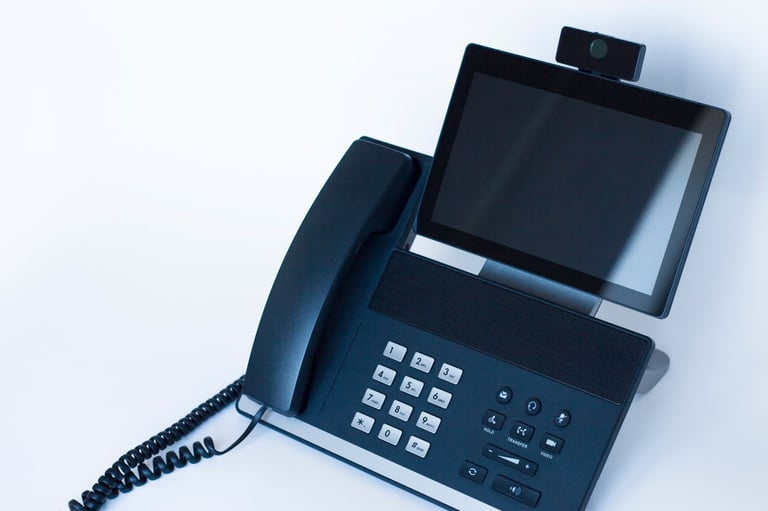 Deskphone, office and business concept. New ip phone with buttons and big display for communication without interference. Top view. Space for a text. Close up.