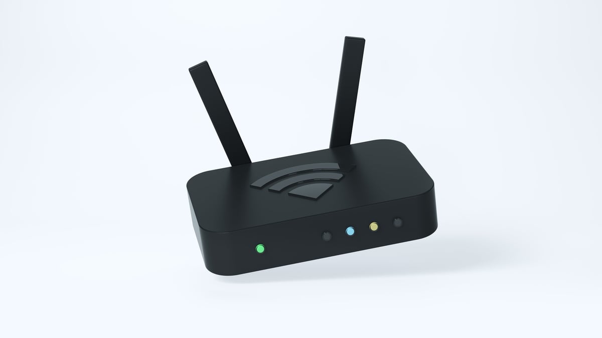 3D rendering of a sleek black Wi-Fi router featuring dual antennas, LED indicator lights, and a minimal blue-tinted studio background.