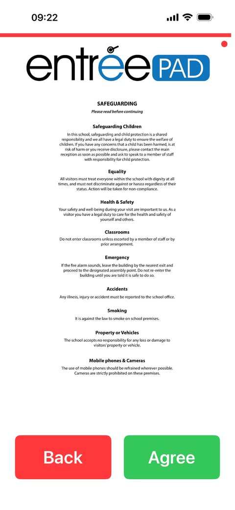 Entree Pad safeguarding policy screen showing child protection guidelines with Back and Agree buttons