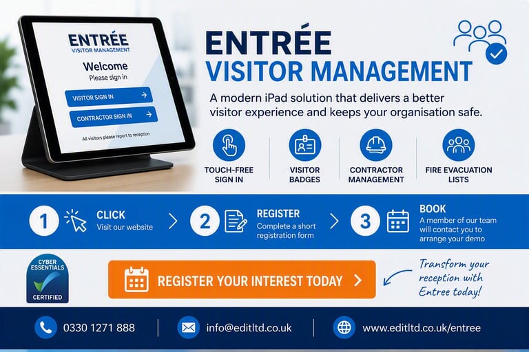 Entree Visitor Management iPad solution showing touchless sign-in, visitor badges, contractor management, and fire evacuation features with registration process steps.