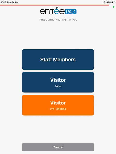 Entree PAD login screen with three sign-in options: Staff Members, Visitor New, and Visitor Pre-Booked, plus Cancel button