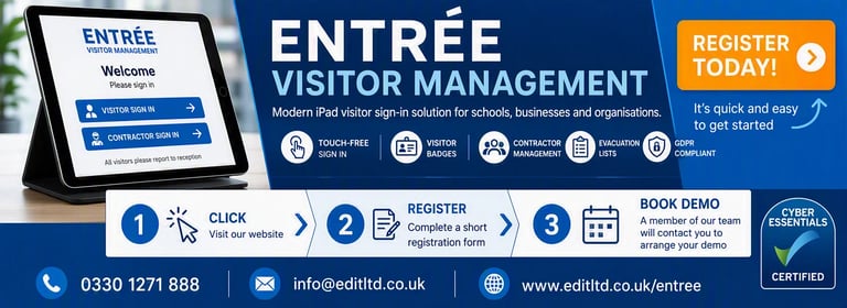 Advertisement for Entree Visitor Management system showing tablet display, registration steps, and contact information for schools and organizations