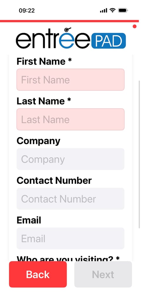 Mobile form screen with EntreePAD logo showing input fields for first name, last name, company, contact number, and email, with Back and Next buttons