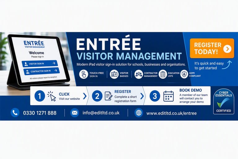 Entrée Visitor Management promotional banner showing iPad visitor check-in interface and three-step registration process with contact details